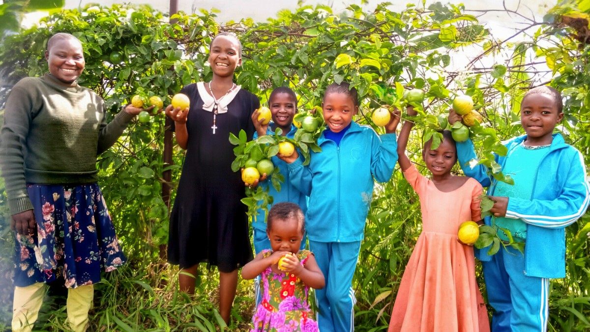 tanzania, children carrying some fresh fruits